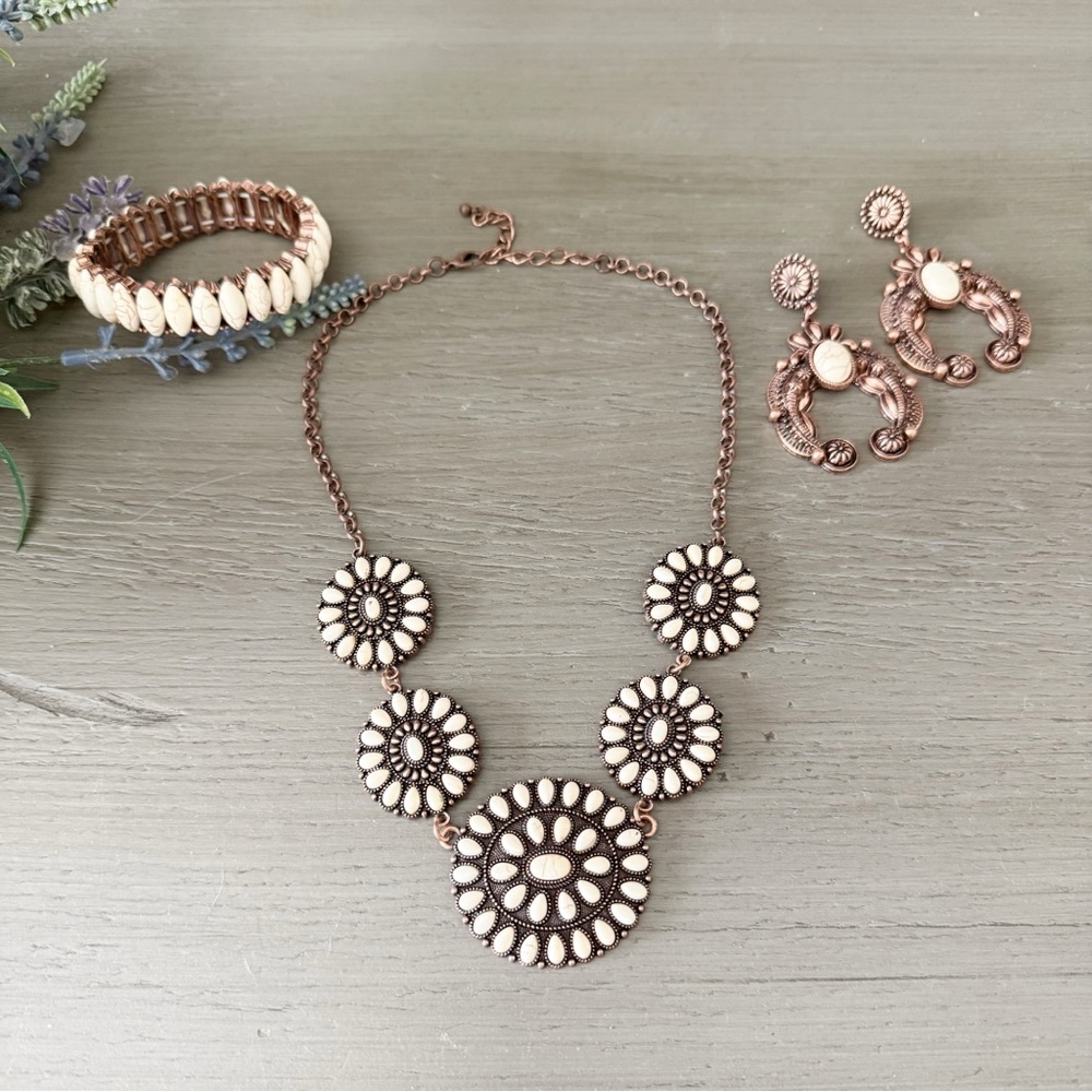 Copper and Ivory Howlite Western Boho Jewelry Set, Necklace, Bangle & Earrings